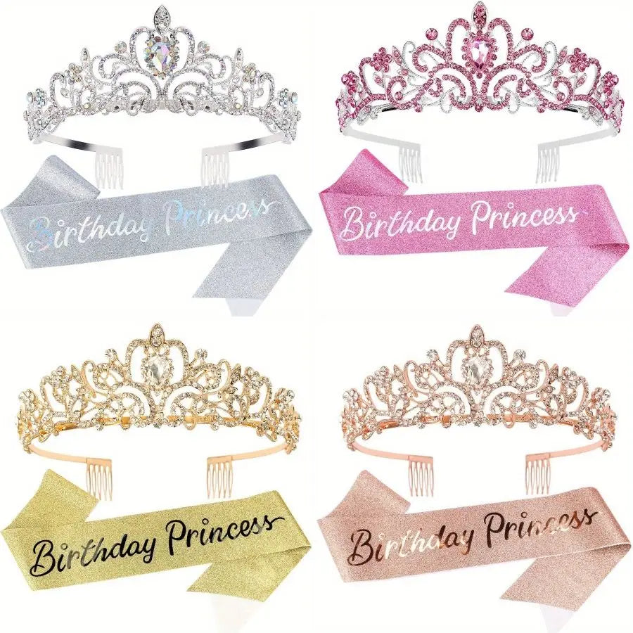 2pcs/set Bling Rhinestone Crystal Crown Tiara Birthday Princess Sash Crown for Women Girl Birthday Party Decoration Kit