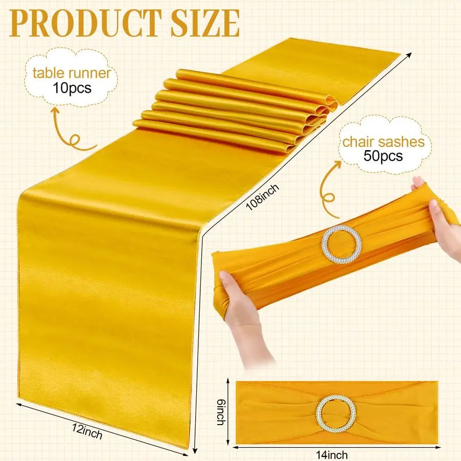 50 Pcs Gold Chair Sashes Bow with 10 Pcs Satin Table Runner Spandex Chair Sashes with Buckle Slider Satin Silk Table Runner for