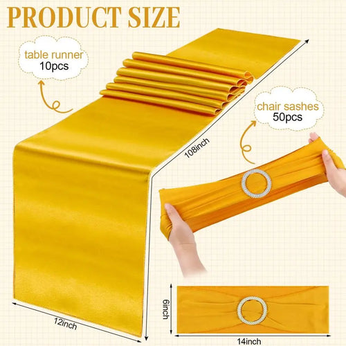 50 Pcs Gold Chair Sashes Bow with 10 Pcs Satin Table Runner Spandex Chair Sashes with Buckle Slider Satin Silk Table Runner for