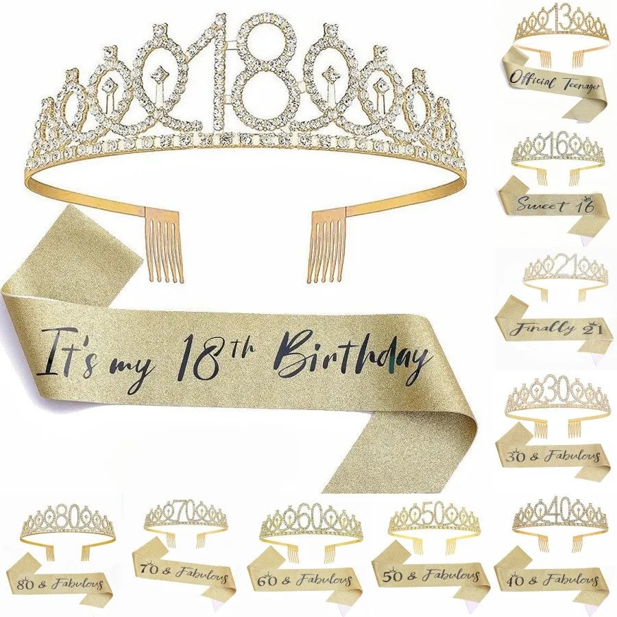Birthday Tiara Crown Sash Women Girls 13th 16th 18th 21St 30Th 40Th 50Th 60Th 70Th 80Th Birthday Party Decoration Favor Gifts