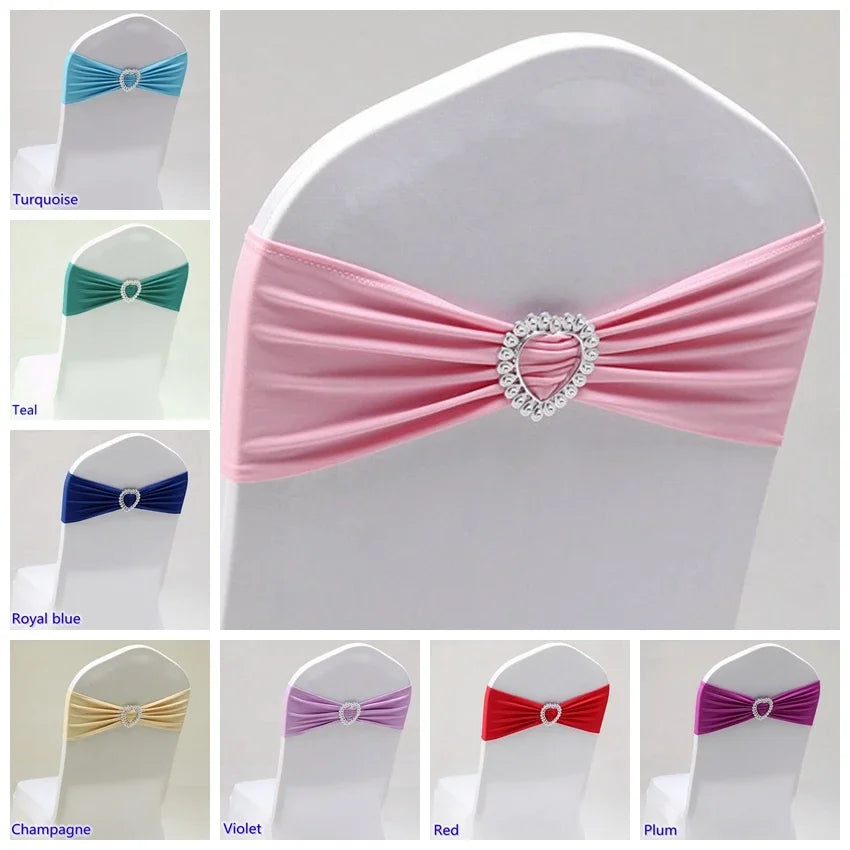 Love Heart Buckle Elastic Chair Sash with Spandex Stretch Bow Tie for Wedding Birthday Party Festival Holiday Decoration