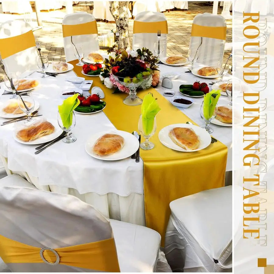 50 Pcs Gold Chair Sashes Bow with 10 Pcs Satin Table Runner Spandex Chair Sashes with Buckle Slider Satin Silk Table Runner for