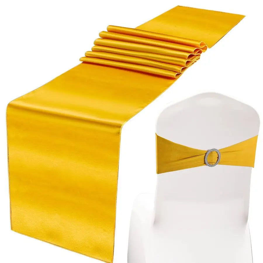 50 Pcs Gold Chair Sashes Bow with 10 Pcs Satin Table Runner Spandex Chair Sashes with Buckle Slider Satin Silk Table Runner for