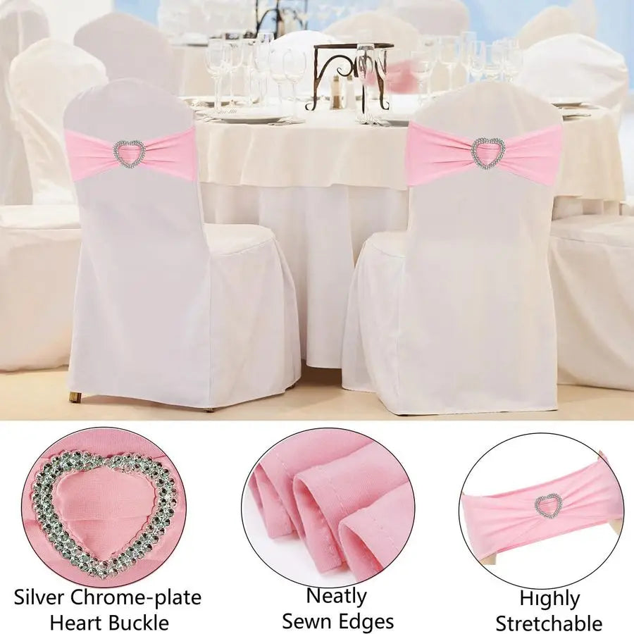 100Pcs Light Pink Chair Sashes for Wedding Spandex Pink Sashes for Chairs Covers Stretch Chair Sashes Band with Heart Buckle Sli